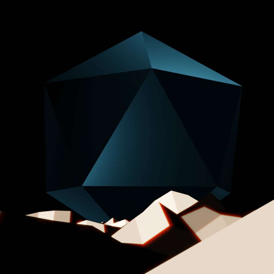 a 3D scene with a low-detail spherical object floating in a dark sky above a brightly-lit low-poly mountain range